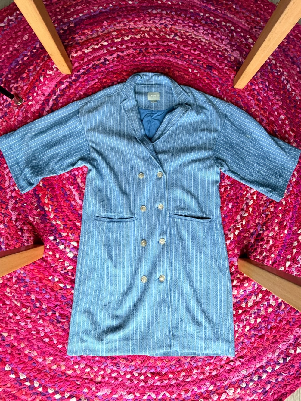 Maeve Blue Pinstriped Double-Breasted Blazer Dress